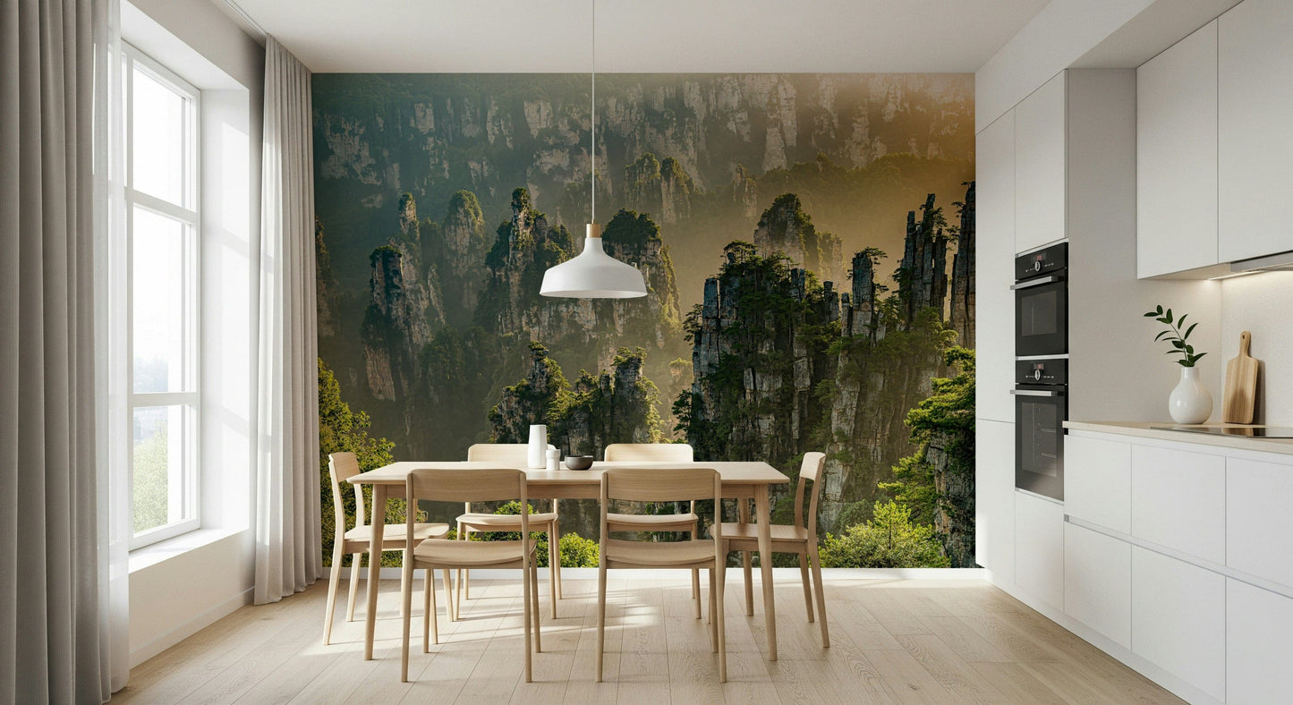 Floating Woodland Peaks wallpaper, ethereal mountain spires, majestic vista.