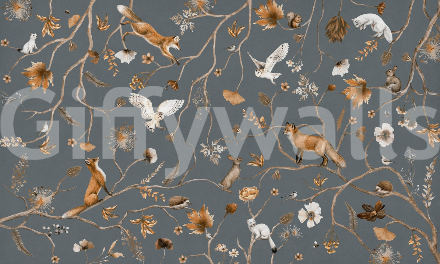 Enchanted Woodland Tales wallpaper mural shown as a full-wall design of orange foxes, white owls and rabbits on slate grey