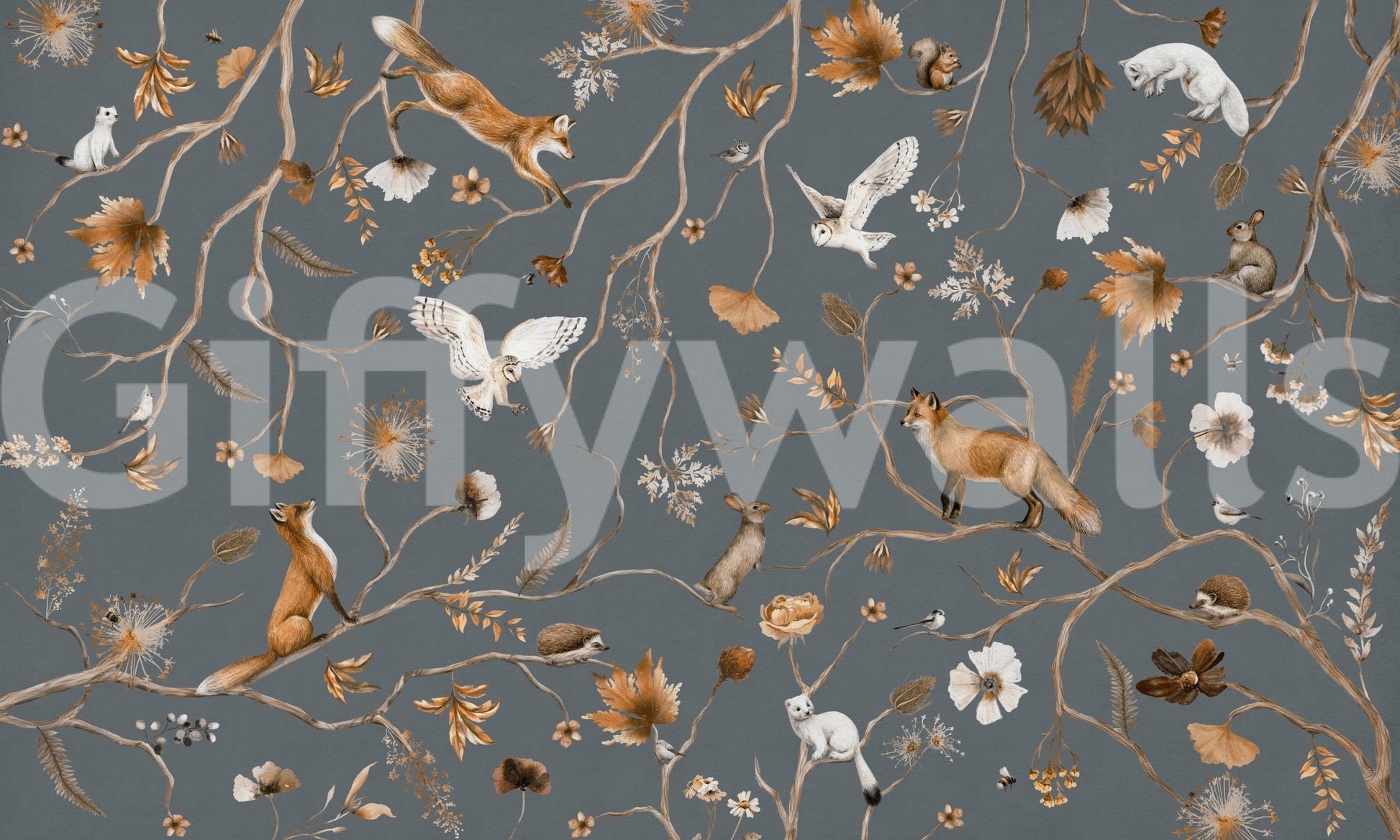 Enchanted Woodland Tales wallpaper mural shown as a full-wall design of orange foxes, white owls and rabbits on slate grey