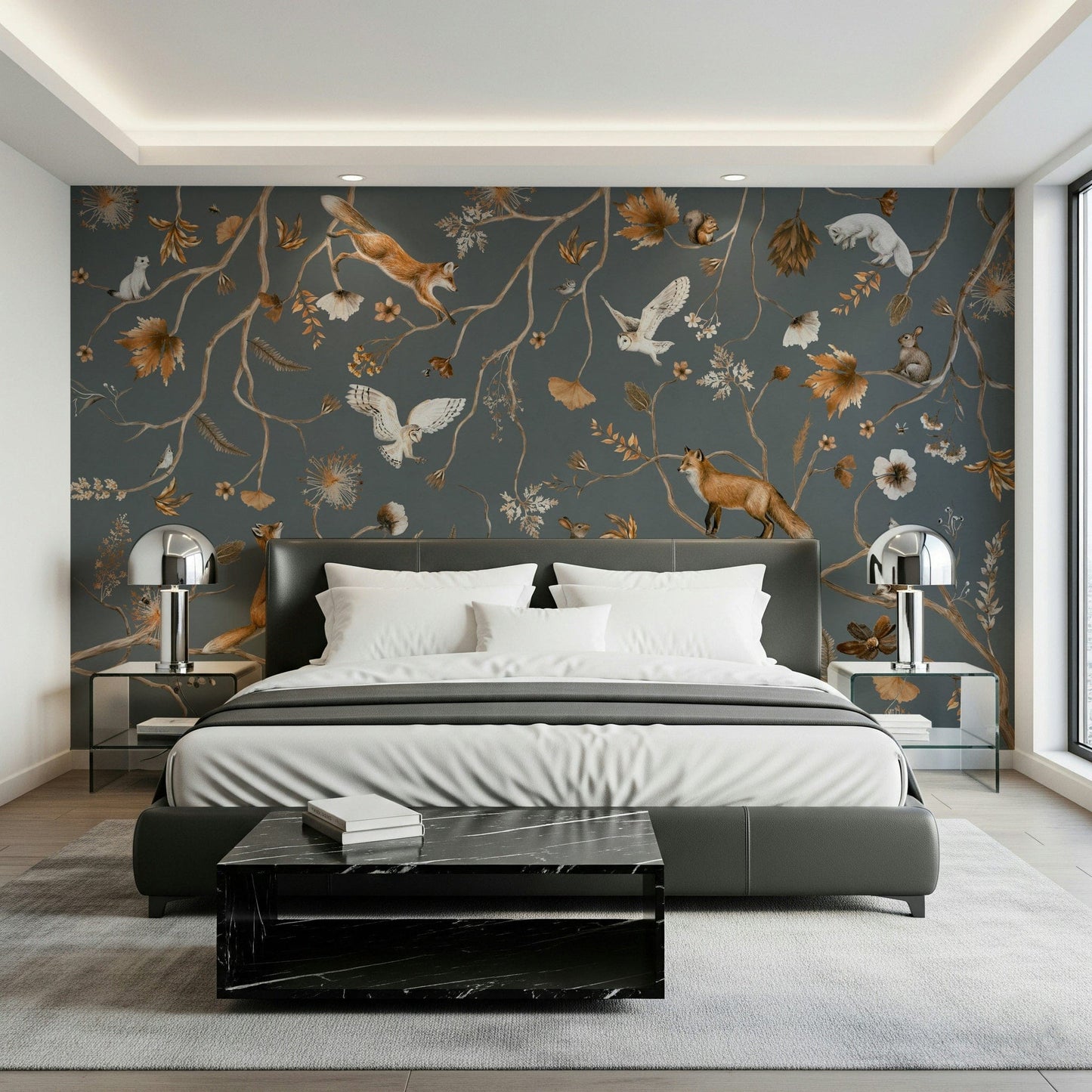 Nature-inspired mural depicting a magical woodland scene with wildlife