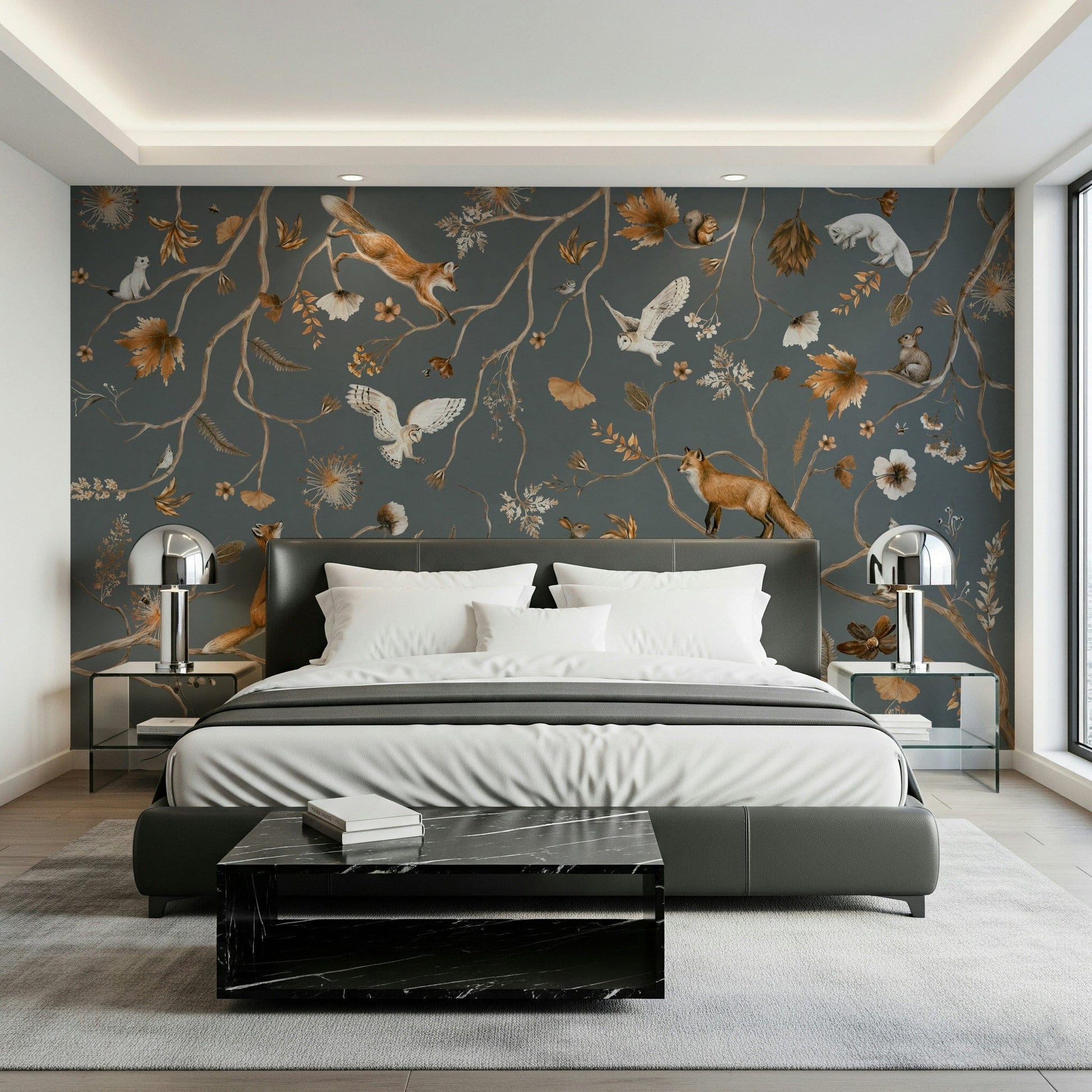 Nature-inspired mural depicting a magical woodland scene with wildlife