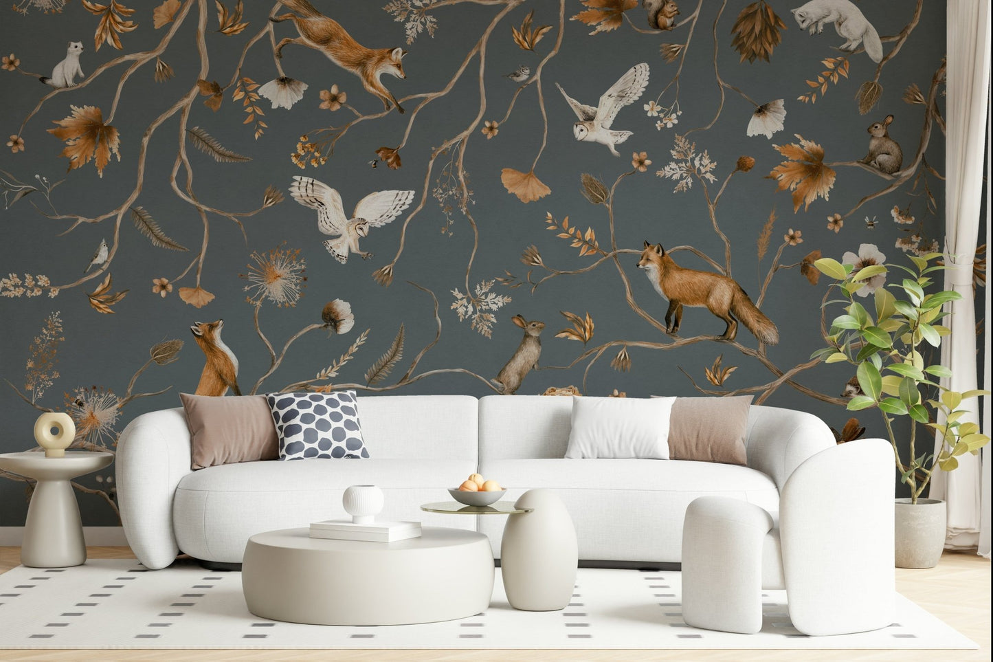 Artistic mural of woodland creatures exploring a mystical forest environment