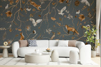 Artistic mural of woodland creatures exploring a mystical forest environment