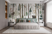 Fox & Bear in Snow Forest Wallpaper Mural - Giffywalls