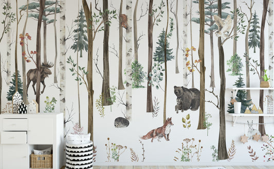 Winter forest wallpaper featuring fox and bear

