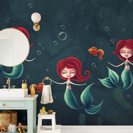 Three Underwater Mermaids wallpaper mural shown as a full feature wall that highlights the design
