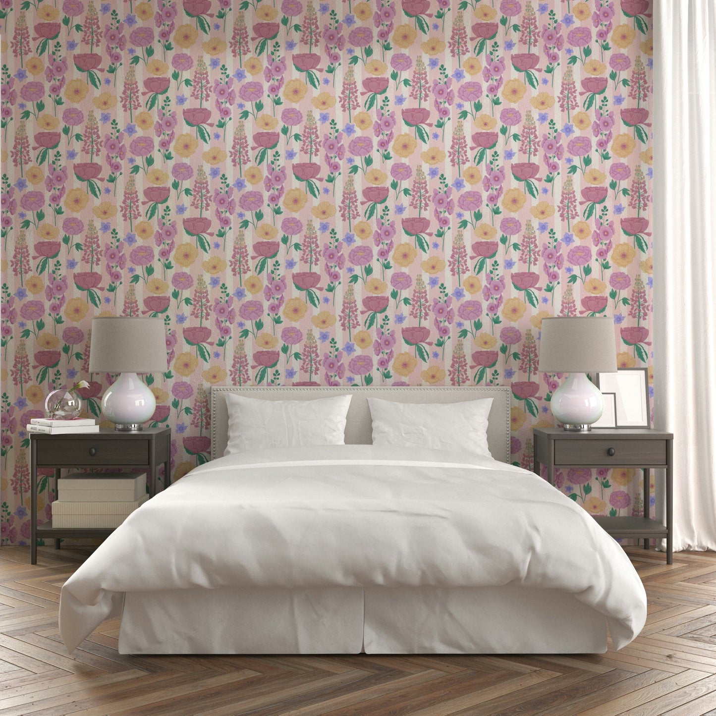 A calming floral abstract wallpaper mural that defines a space.

