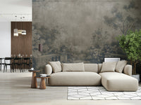 Faded Old English Garden wall mural, cool grey tones, ornate wallpaper design.