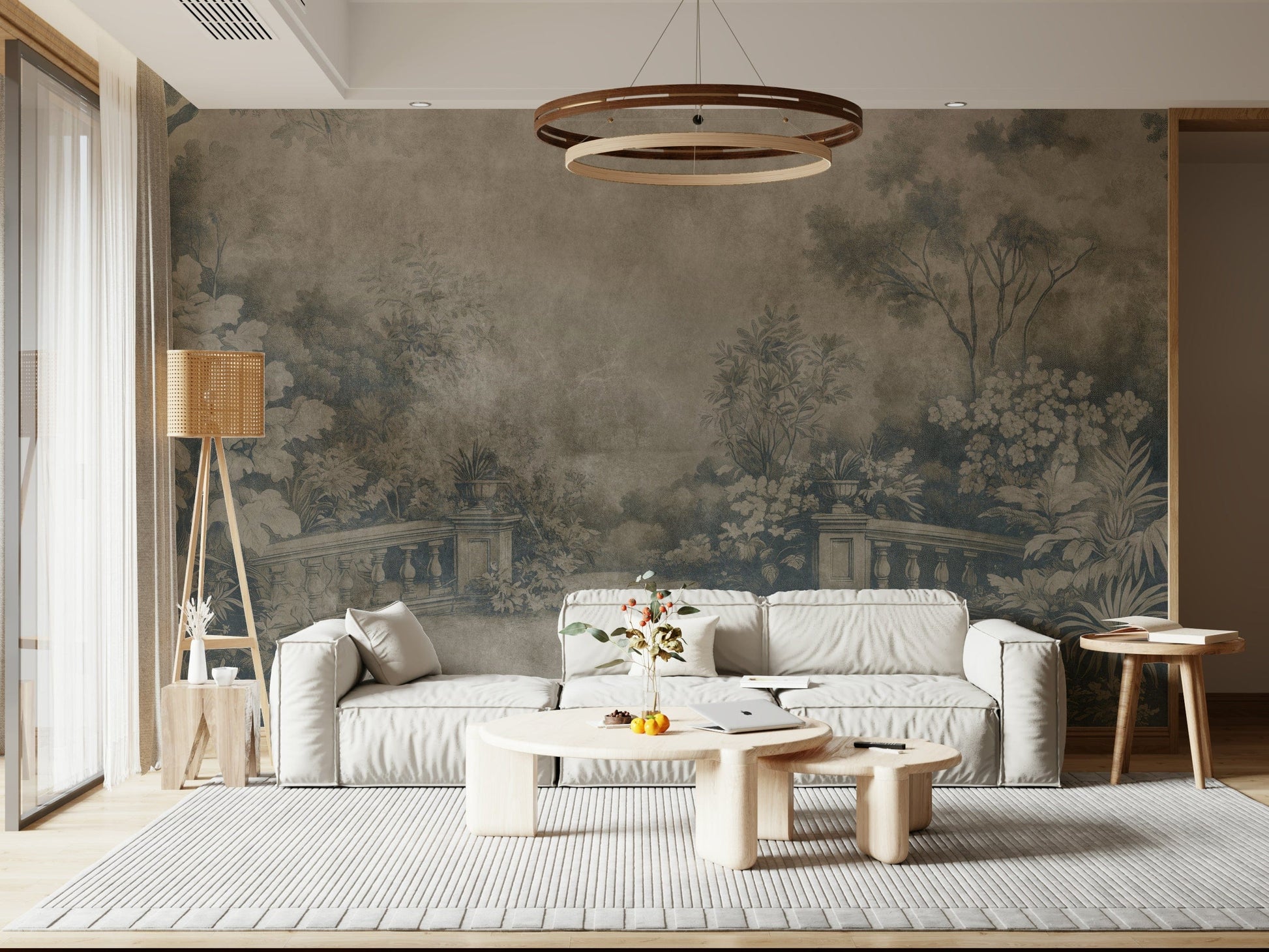 Elegant botanical mural, engraving style foliage, Smoke grandeur wallpaper.