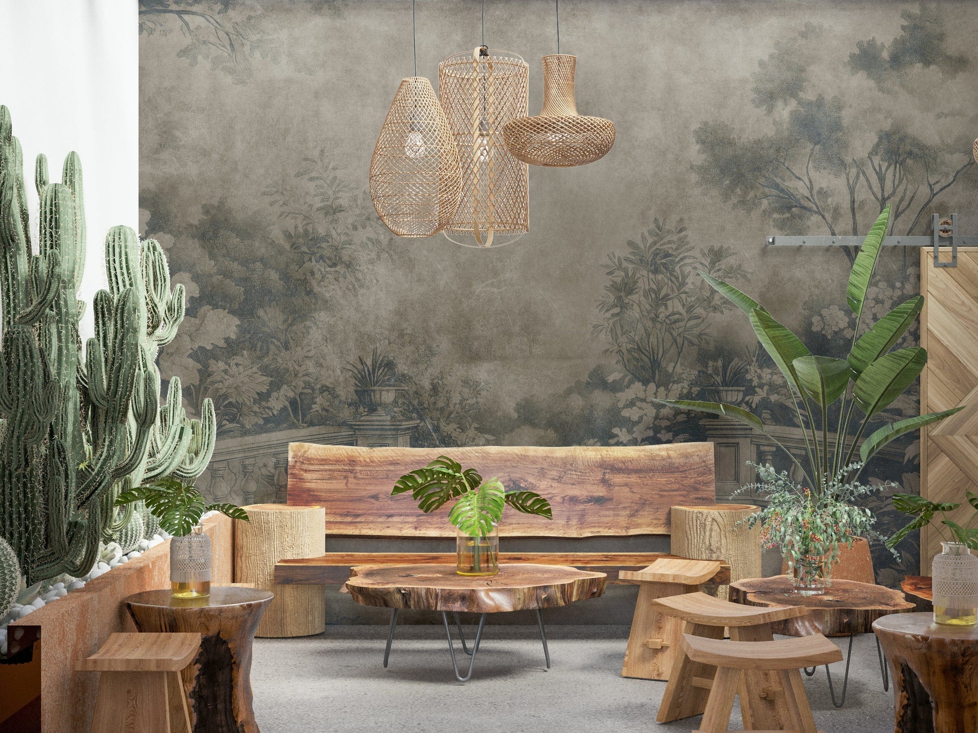 Moody Old English mural wallpaper, romantic path into deep forest.