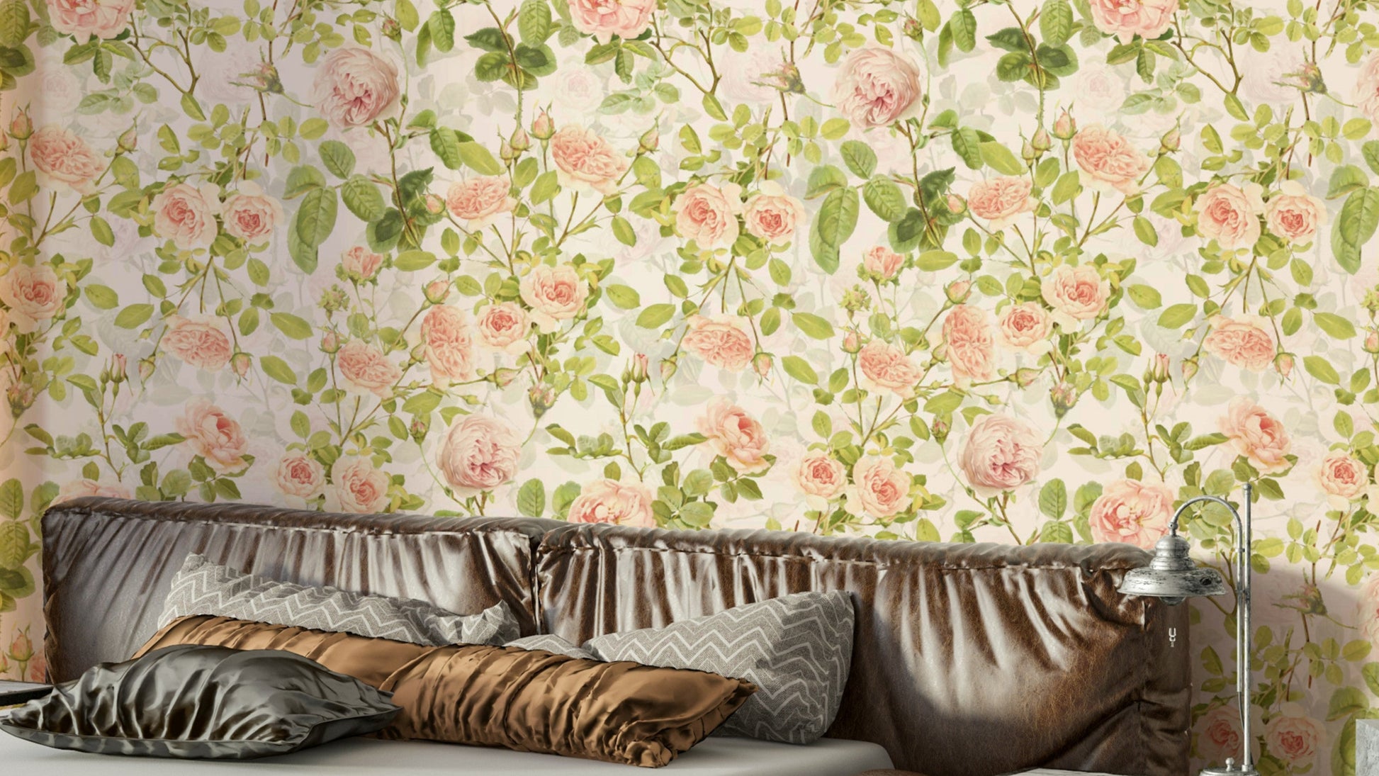 English Rose Garden Wallpaper featuring soft pink and cream roses.

