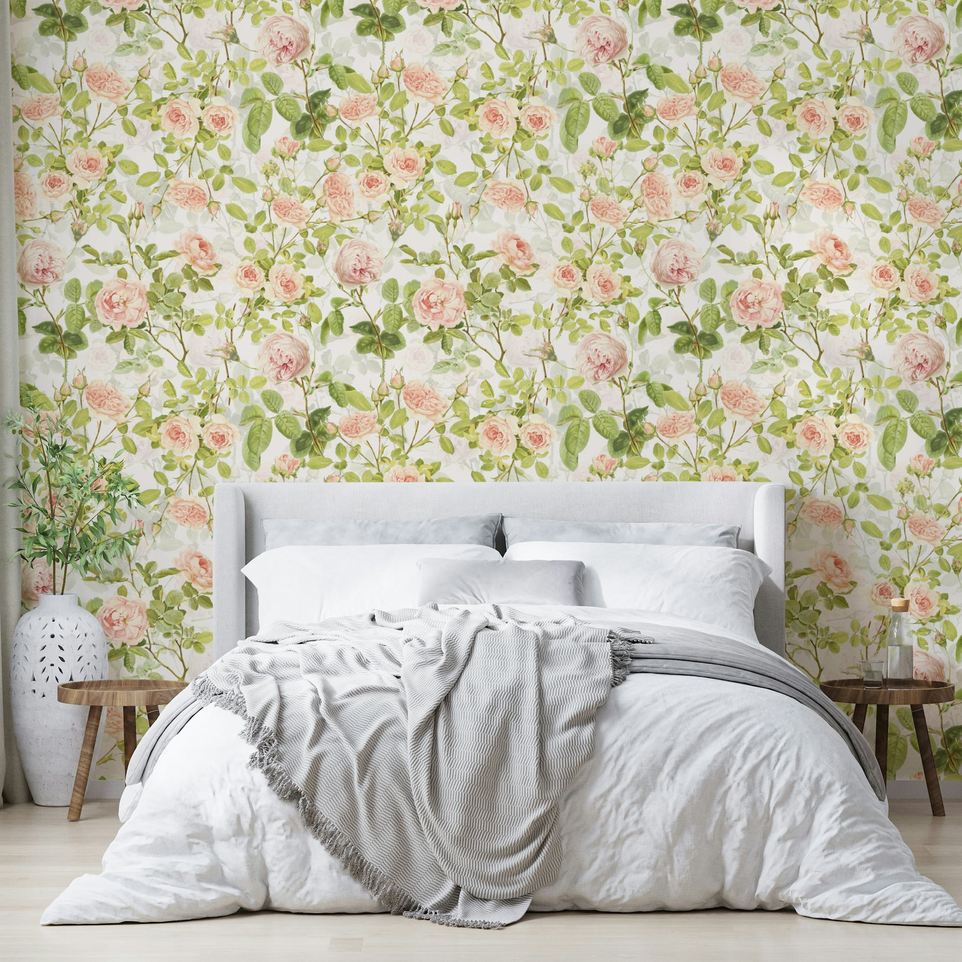 Vintage-inspired floral wallpaper with pink, cream, and red roses.

