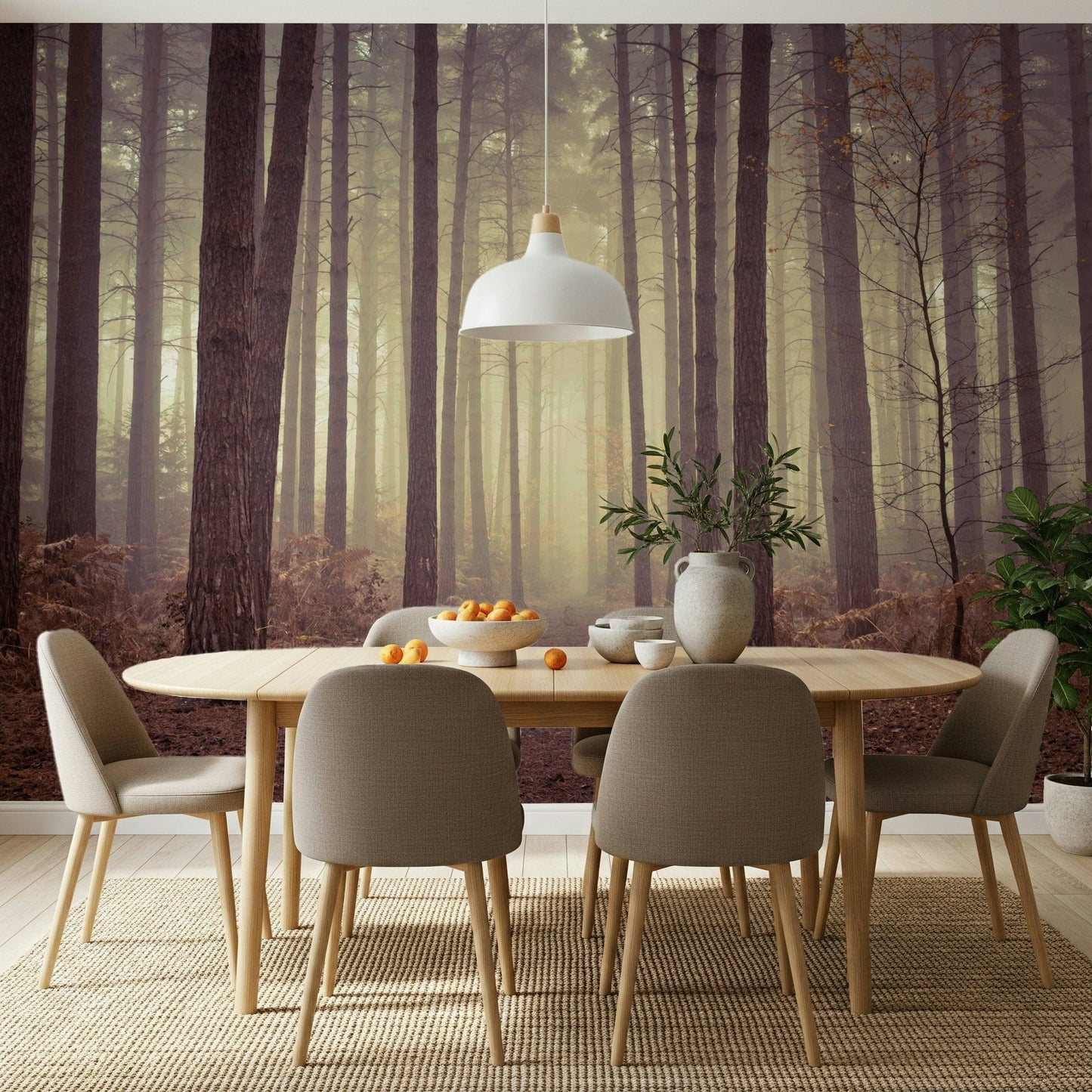 Forest landscape mural for reading nook, muted green palette, cozy wall background