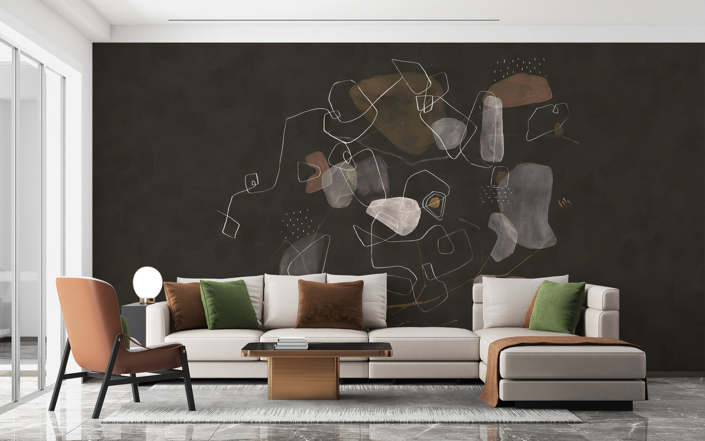 Enigmatic Cosmic wallpaper mural in charcoal with line art behind a cream sectional and terracotta chair in a living room