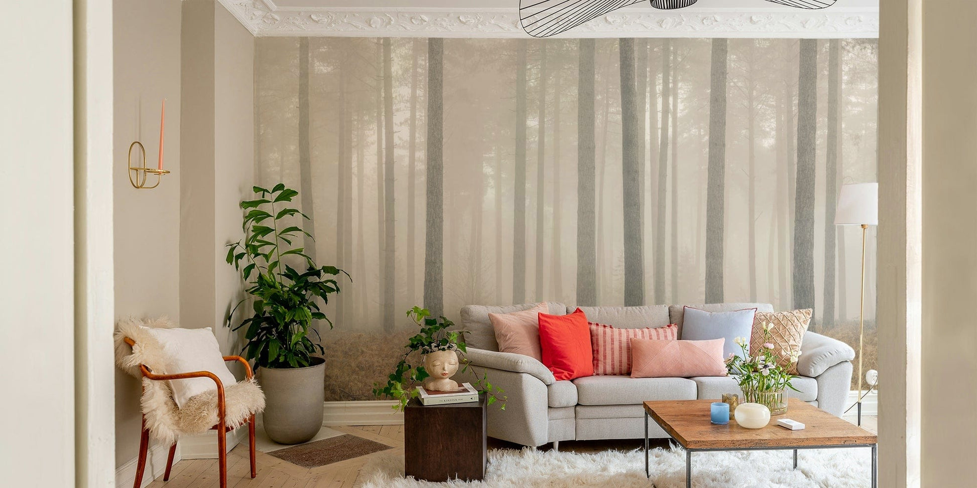 A peaceful modern abstract mural on decorative wallpaper.

