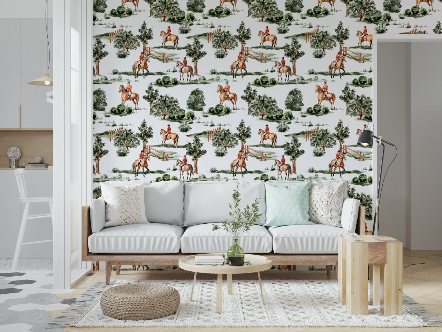 Green landscapes, brown horses, Equestrian Dreamscape patterned wall paper decor.