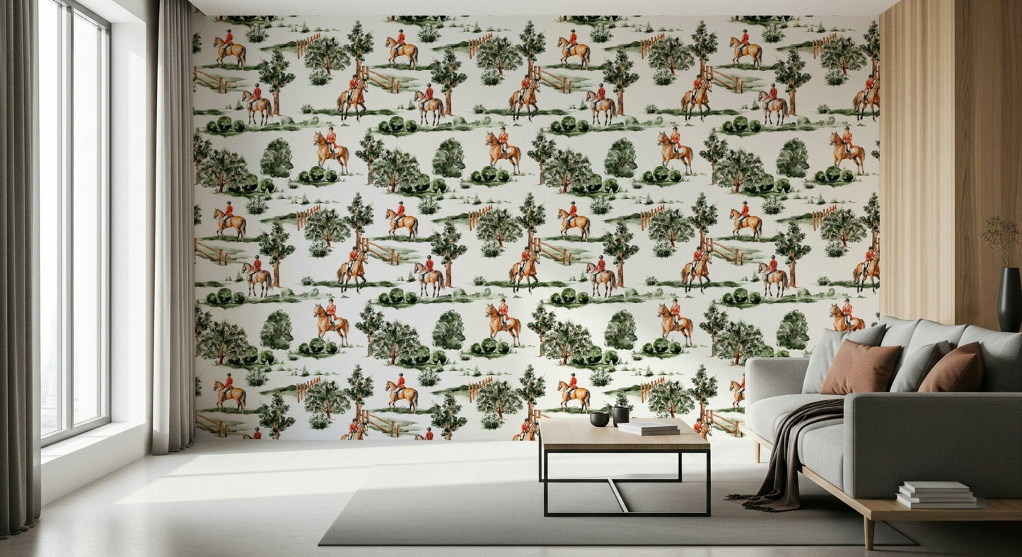 Watercolor trees and riders, unique wallpaper, Equestrian Dreamscape repetitive pattern.