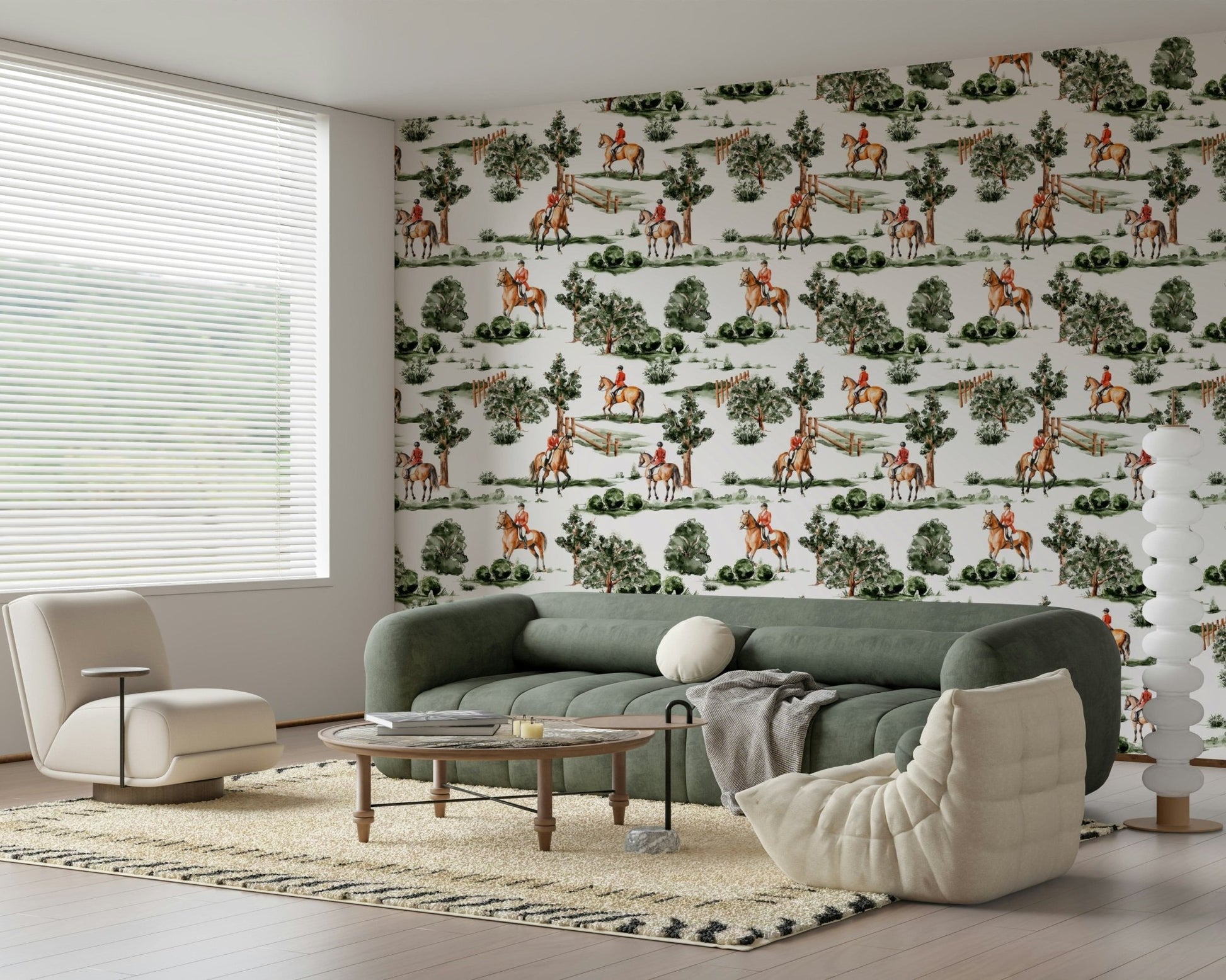 Equestrian Dreamscape wallcovering, vintage style horseback riders illustration.