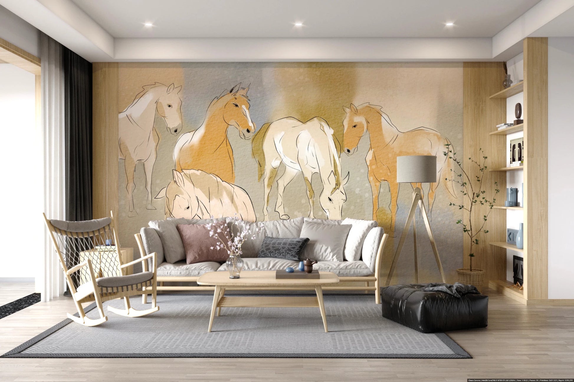 Equestrian Echoes Wall Mural with stylized grazing horse figures