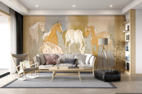 Equestrian Echoes Wall Mural with stylized grazing horse figures