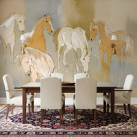 Stylized line art horses on an Equestrian Echoes Wall Mural for dining room.