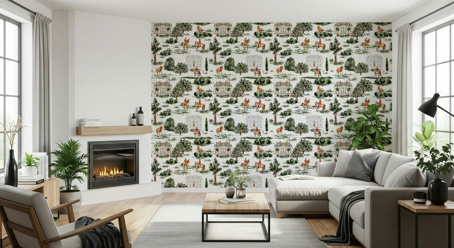 Equestrian Estate green landscape horse print mural.