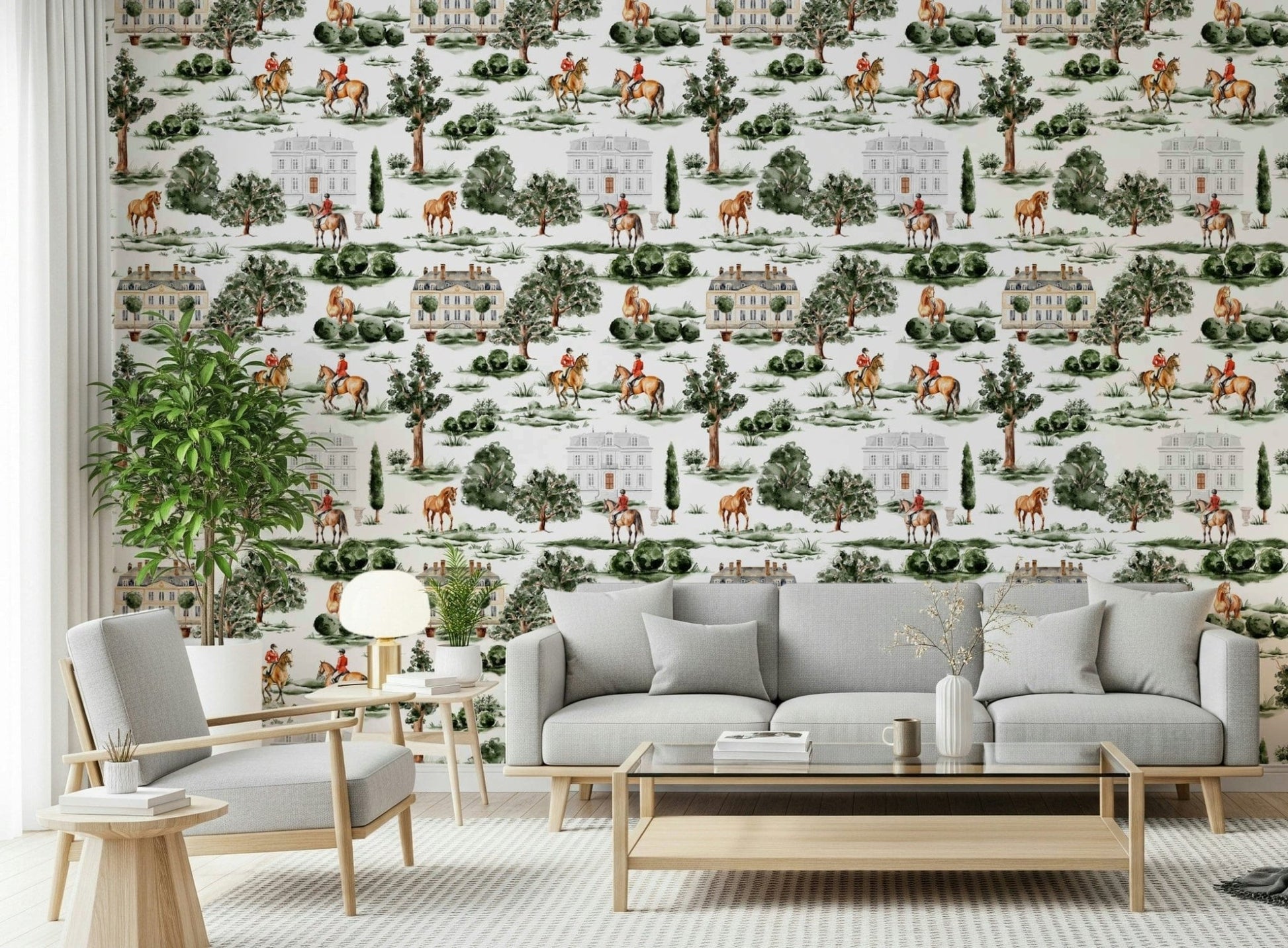 Horse riding country manor wall mural design.