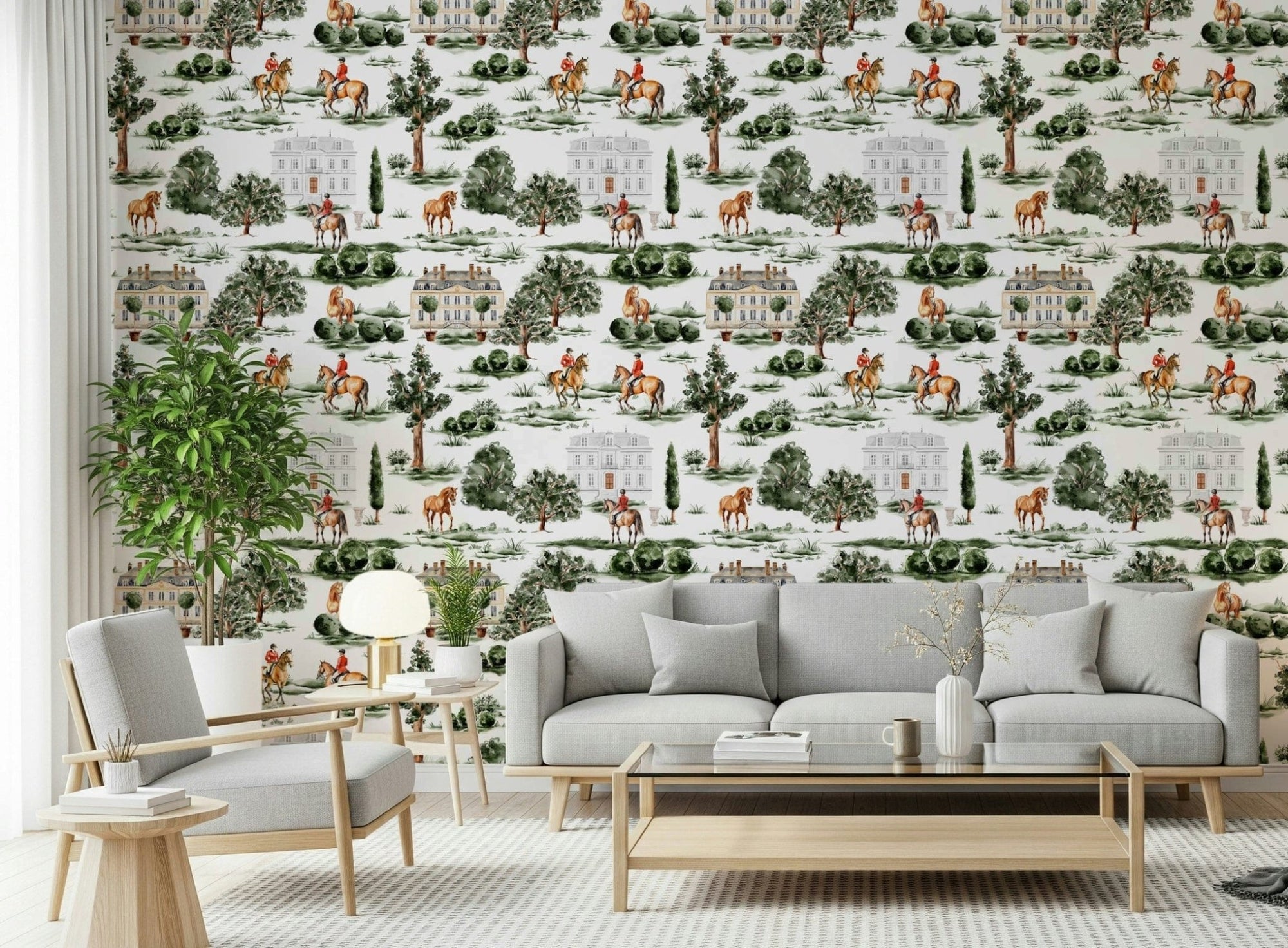 Horse riding country manor wall mural design.