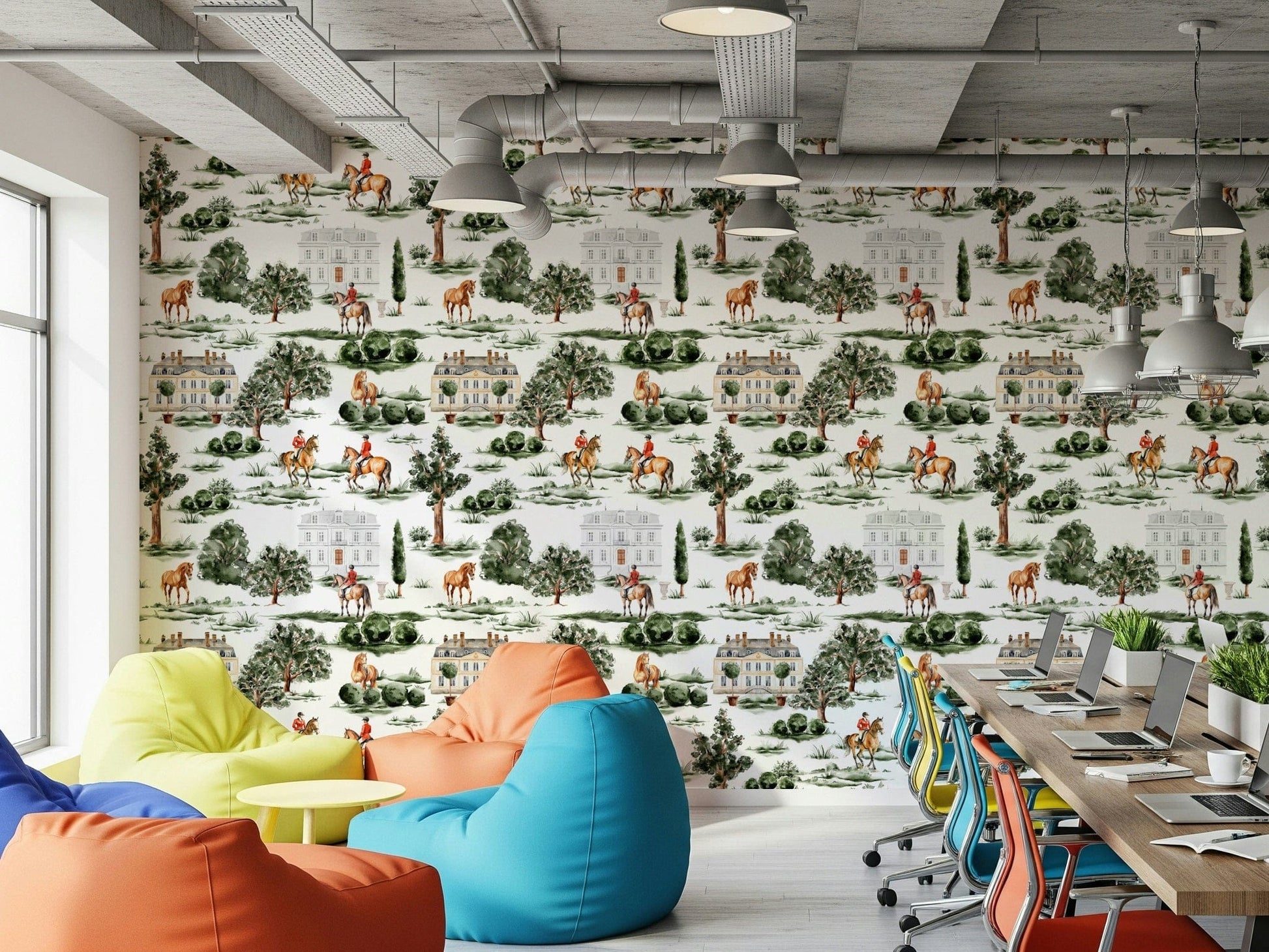 Classic Equestrian Estate horse grounds designer wall paper.