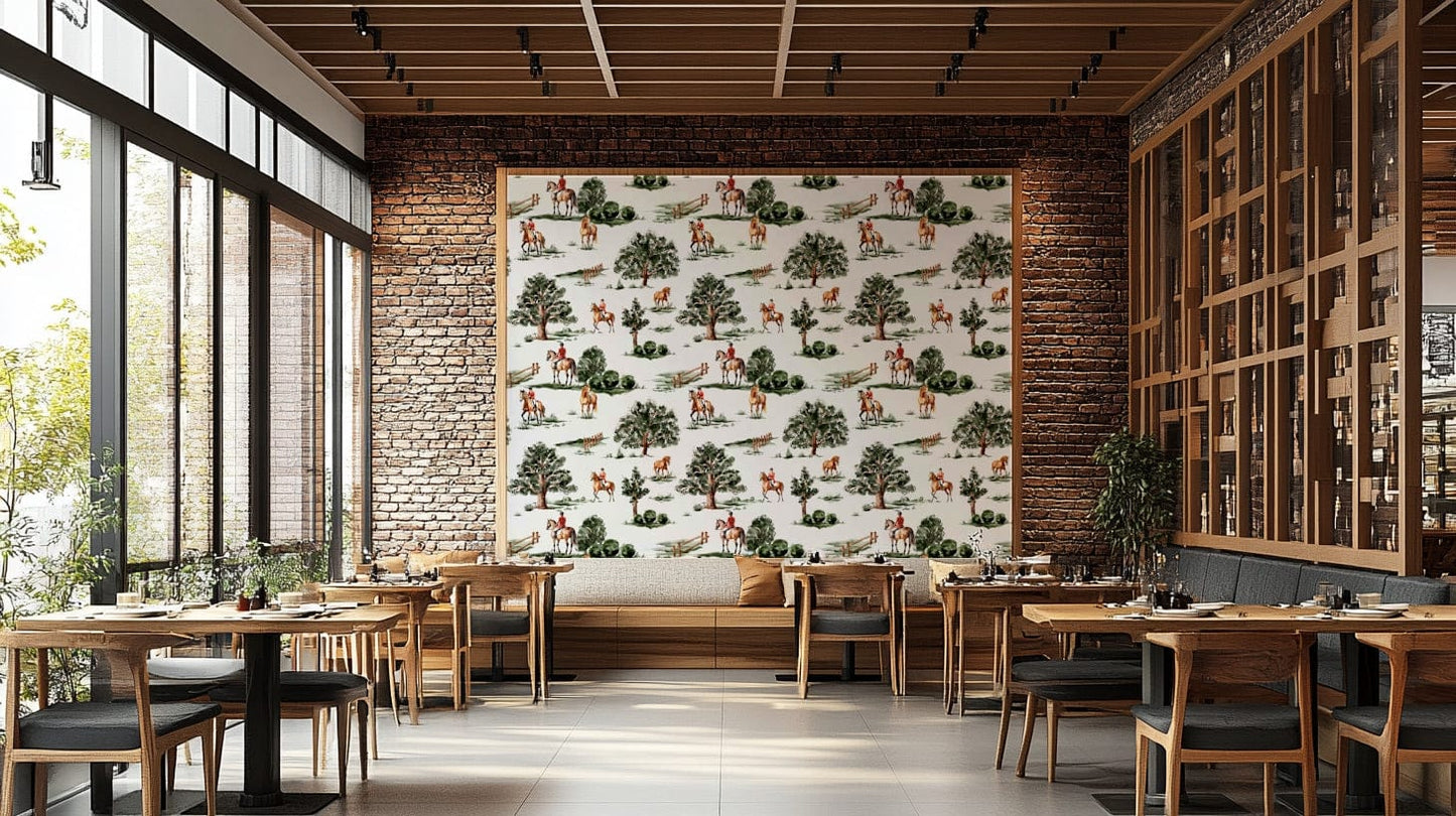 The wallpaper features a group of horses and riders.