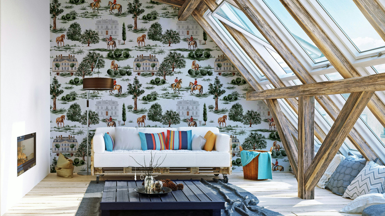 The scene is set in a green, manicured landscape.

