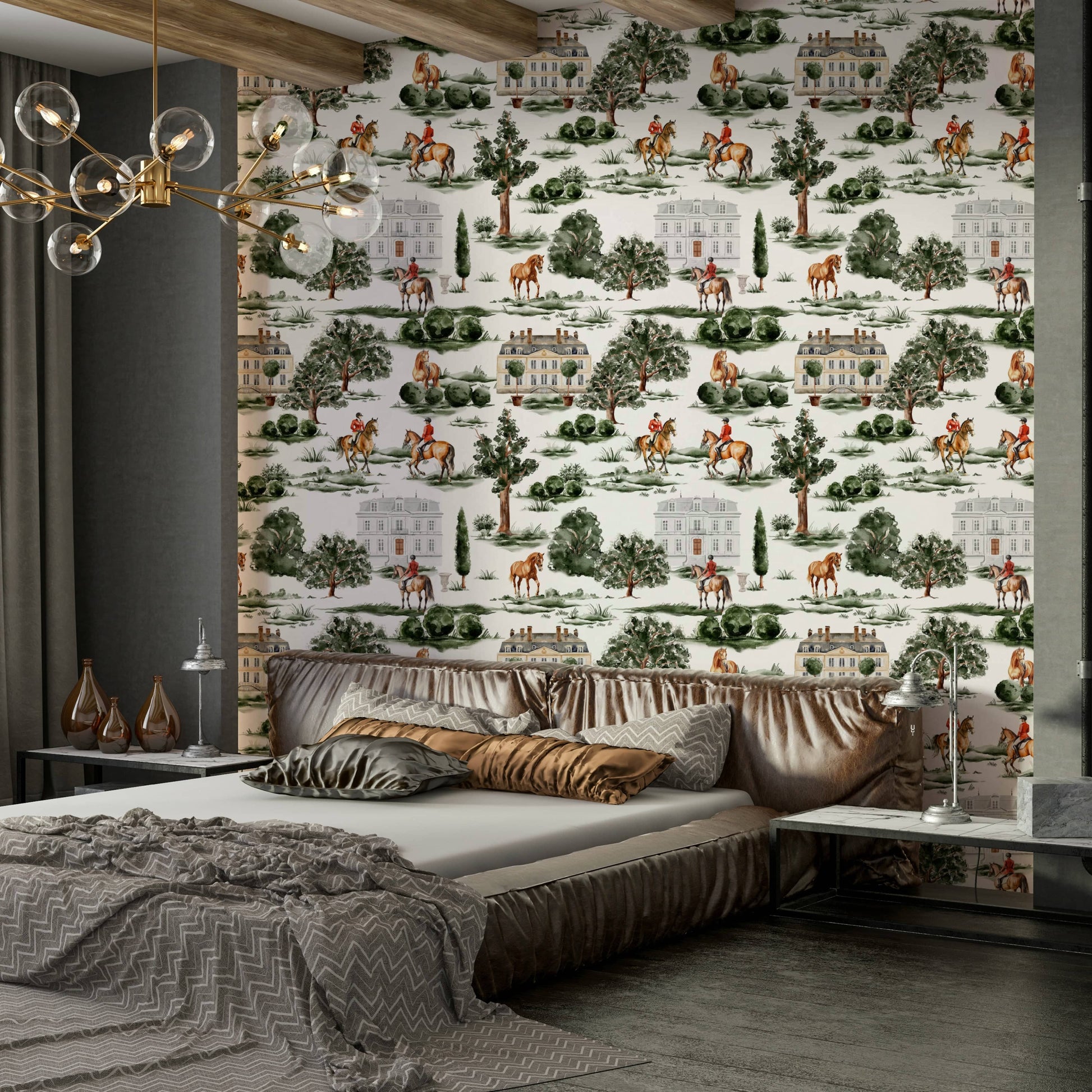Wallpaper mural with equestrian riders and a manor.

