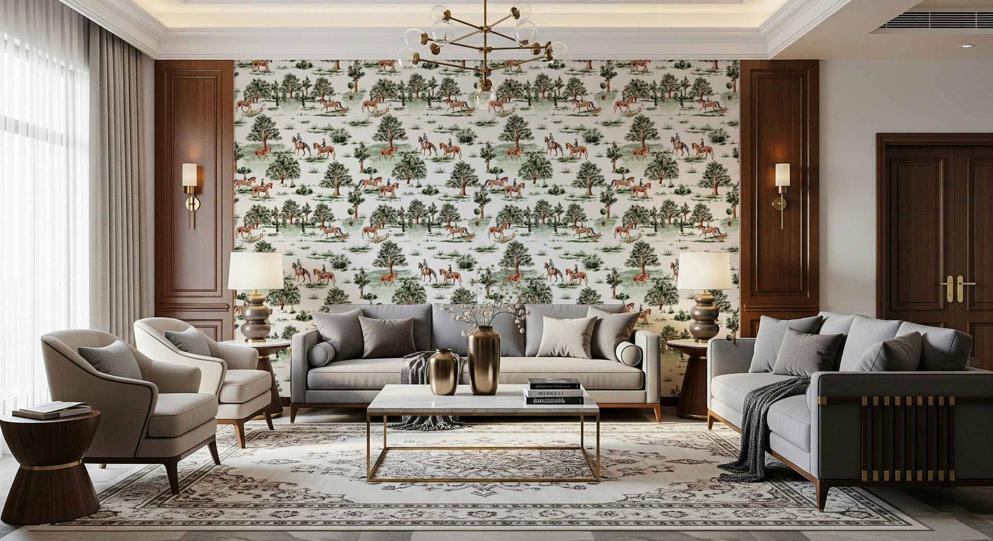 Fine art style Equestrian Escape interior wallpaper.