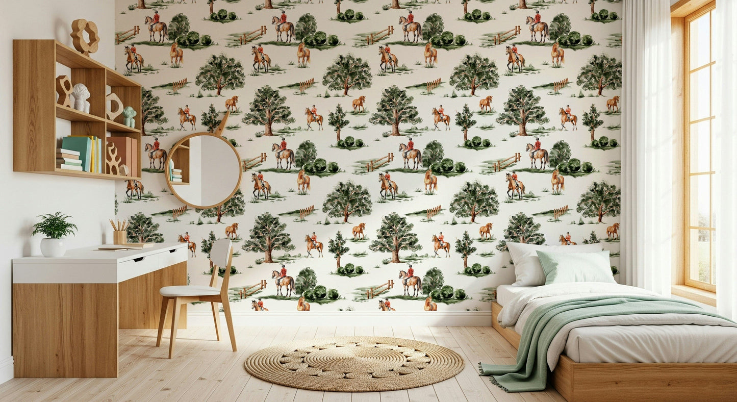 Fox hunt scene Riding in the Country wall art green trees.