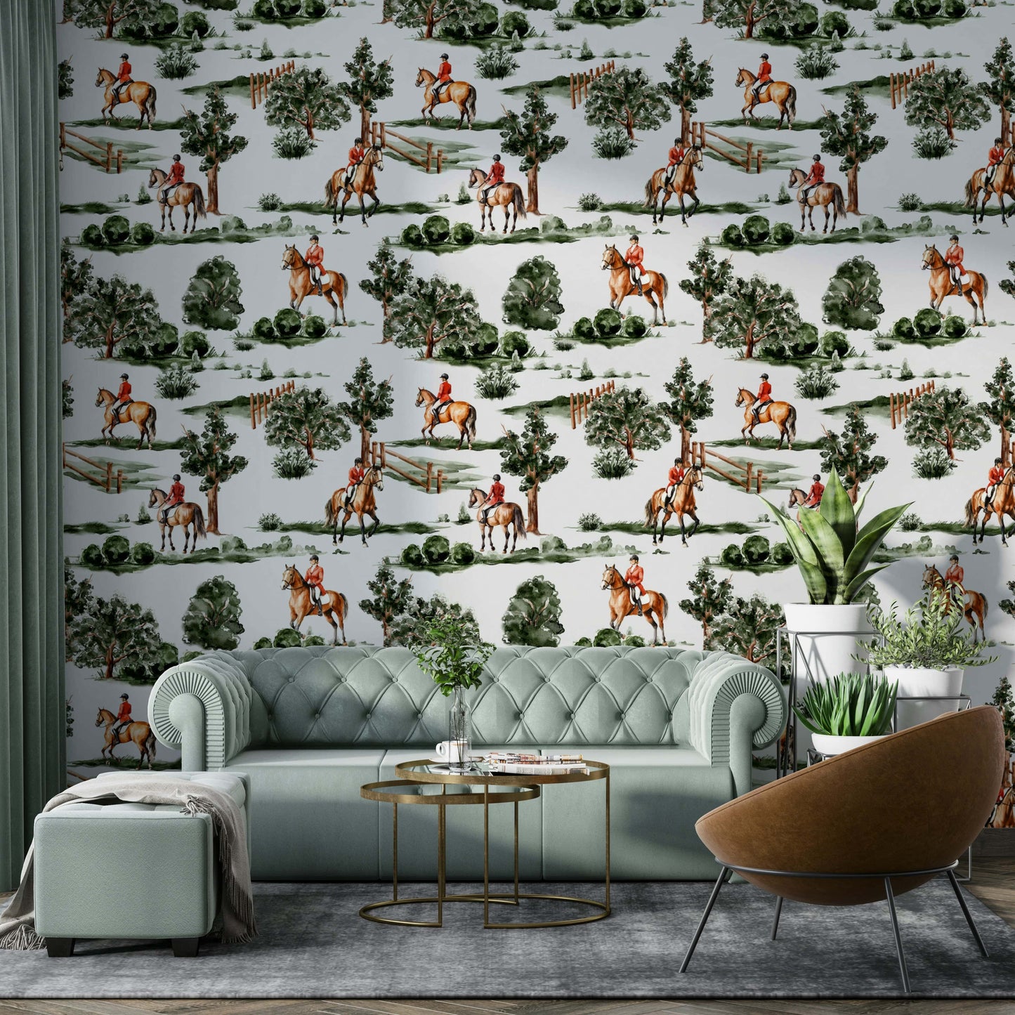 A seamless pattern of a countryside hunting scene.

