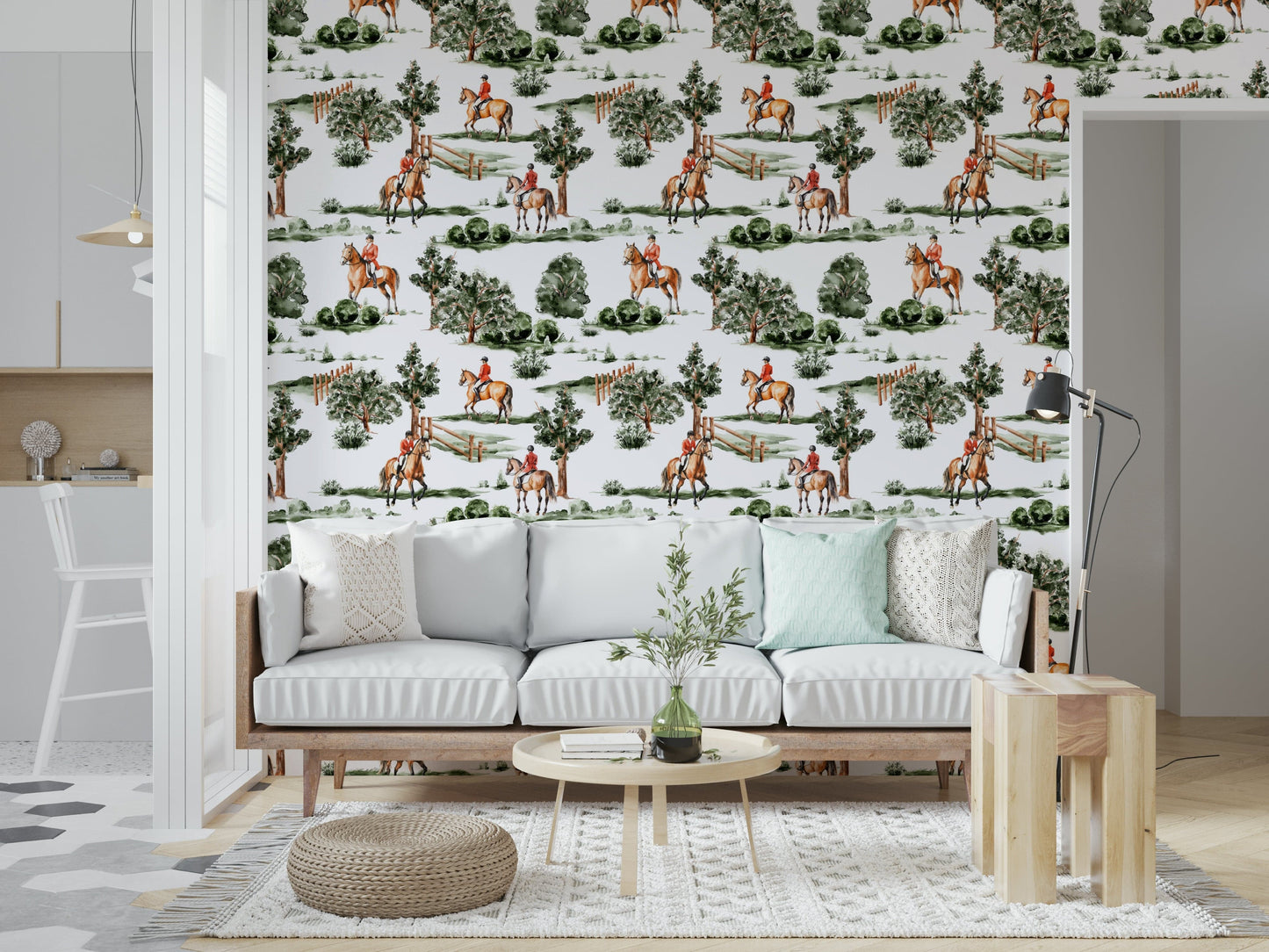 Green landscapes, brown horses, Equestrian Dreamscape patterned wall paper decor.