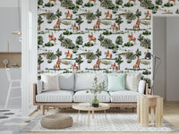 Green landscapes, brown horses, Equestrian Dreamscape patterned wall paper decor.