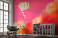 An artistic abstract landscape mural on minimalist wallpaper.

