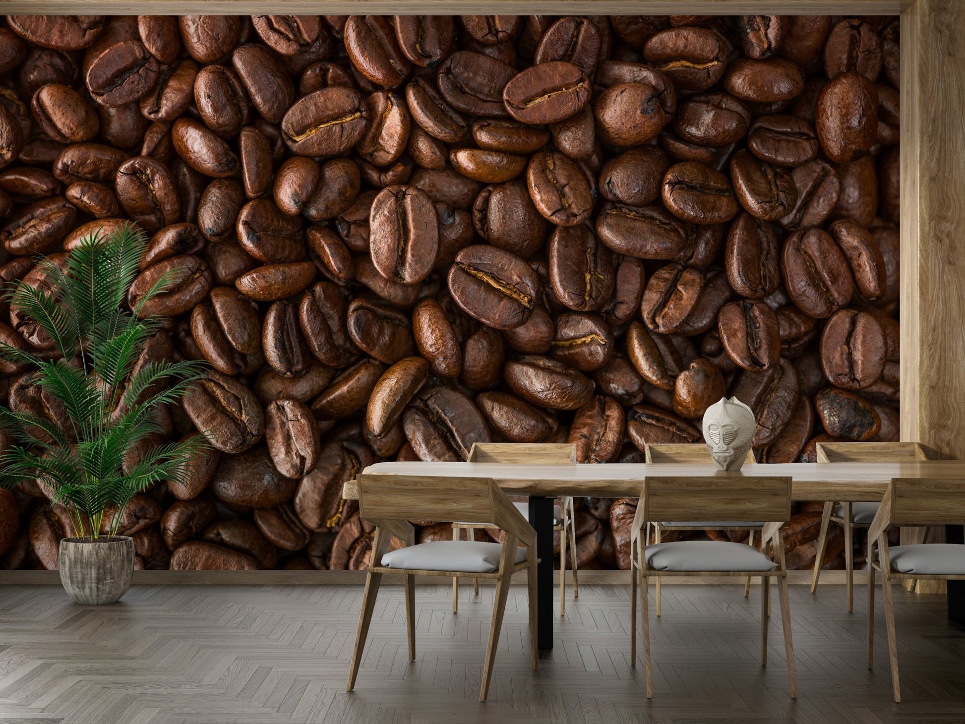 Breakfast room with a dark roast bean mural.


