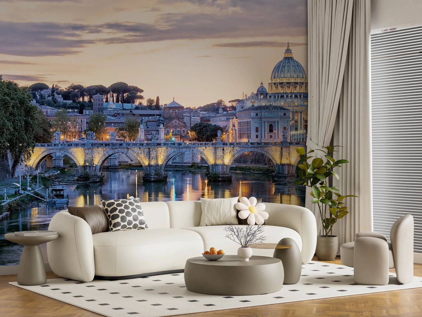 Eternal City Lights wallpaper mural of St Peter's Basilica and the Tiber bridge behind a cream curved sofa