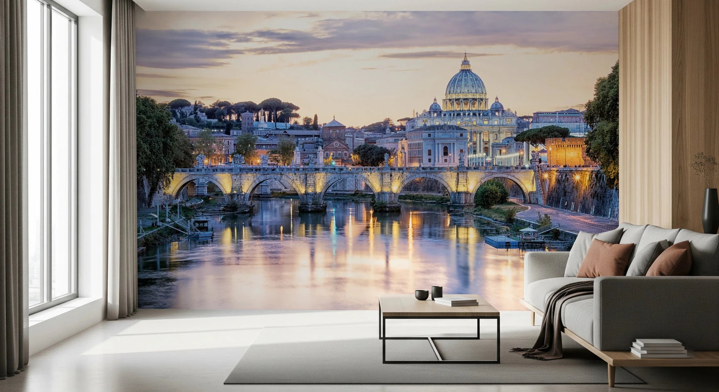 Eternal City Lights wallpaper mural of St Peter's dome and Tiber bridge above a grey sofa by tall windows