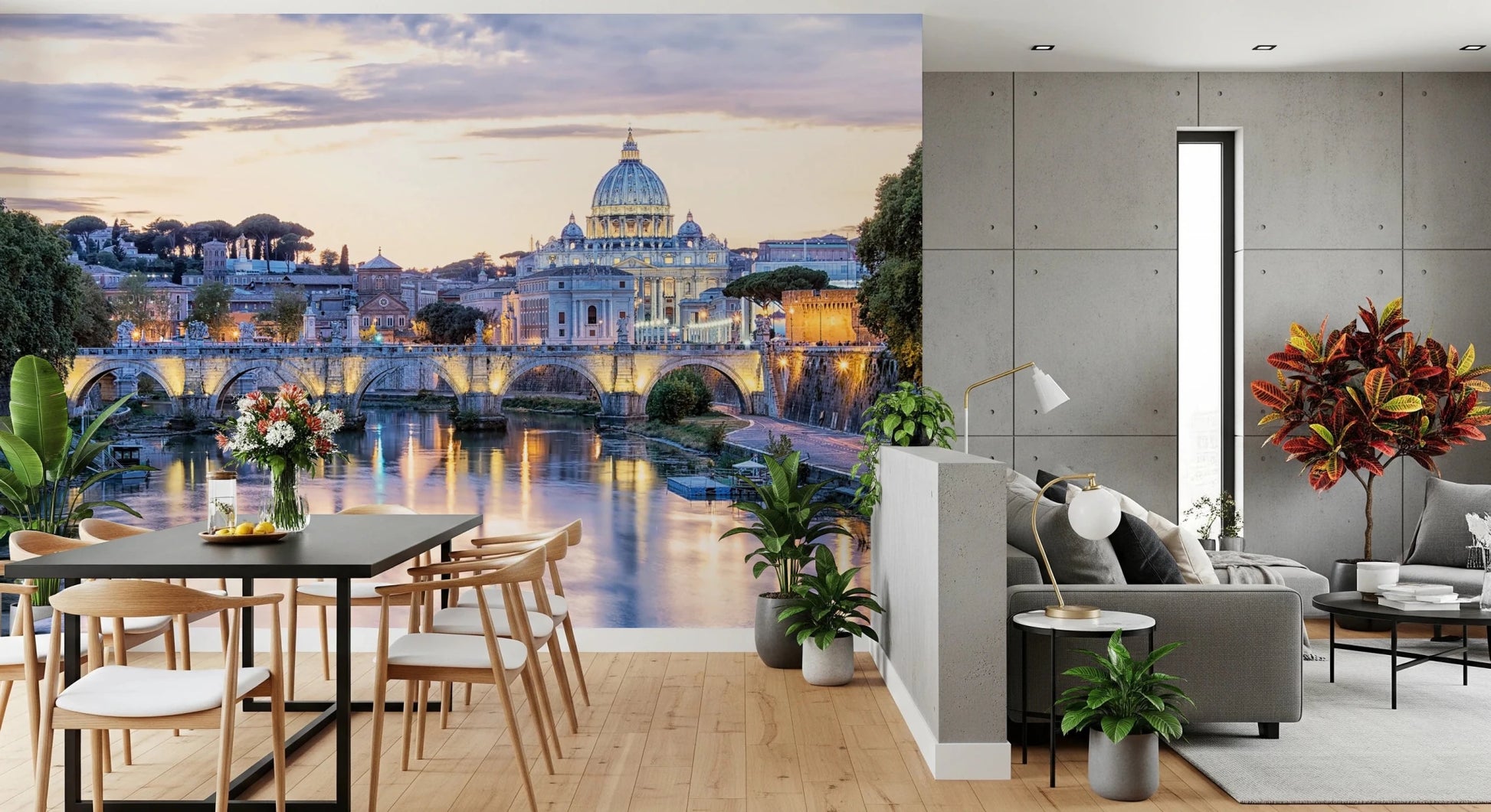 Eternal City Lights wallpaper mural of the Rome skyline beside a black dining table and grey sofa by a concrete wall