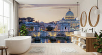 Eternal City Lights wallpaper mural of St Peter's dome and bridge beside a freestanding tub and wood vanity in a bathroom