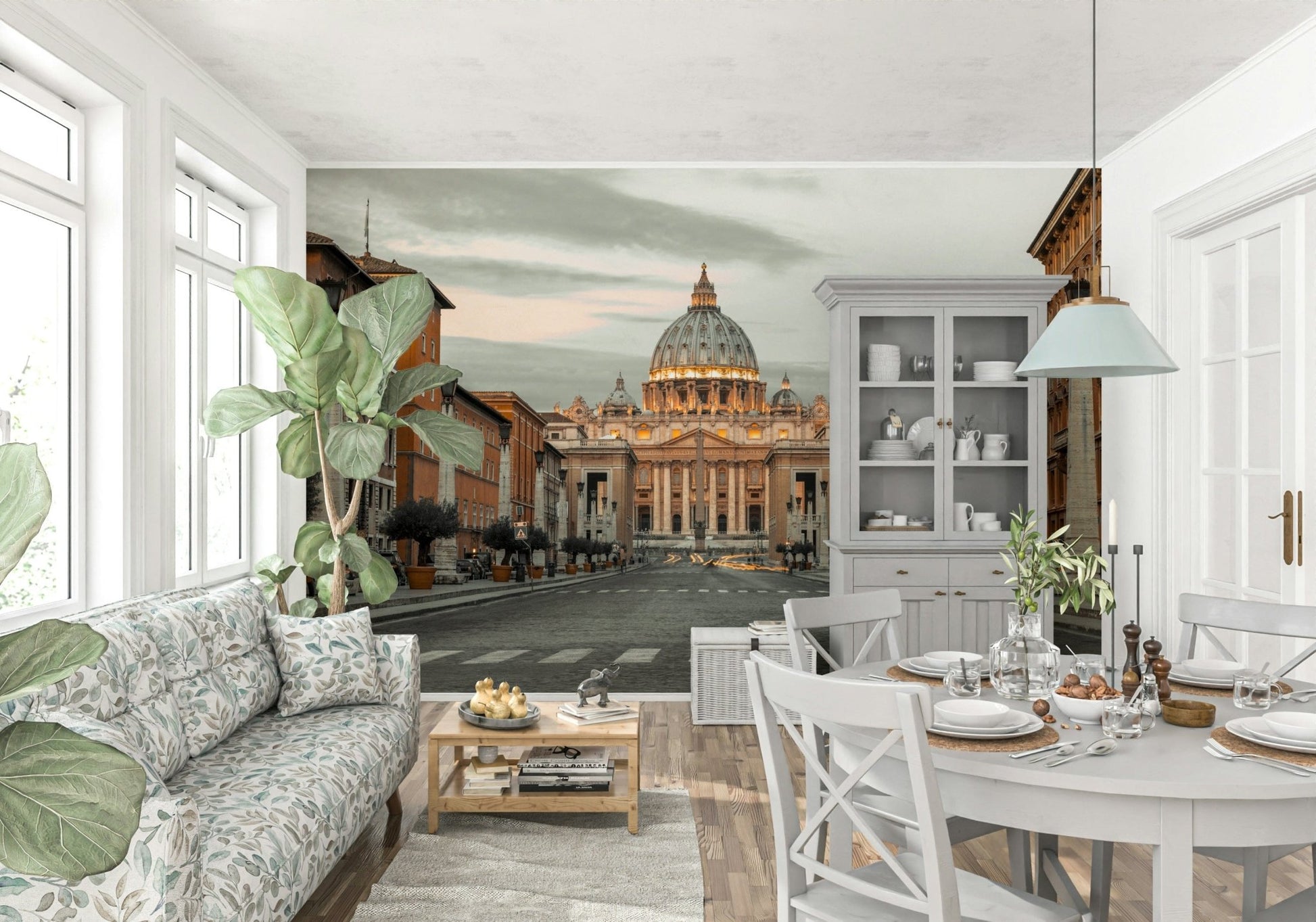 Eternal City Vista grand Italian architecture wallpaper for walls sunset.