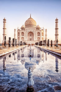 Eternal Taj wallpaper mural shown as a full-wall view of the Taj Mahal mirrored in its reflecting pool at dawn