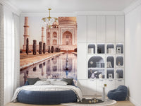 Eternal Taj wallpaper mural of the Taj Mahal in a kids room with a round bed and white arched bookshelf