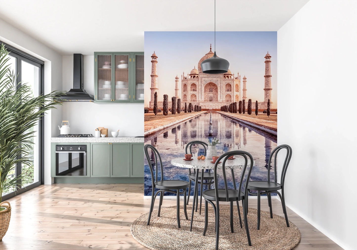 Eternal Taj wallpaper mural of the Taj Mahal beside a green kitchen with a round table and black bentwood chairs