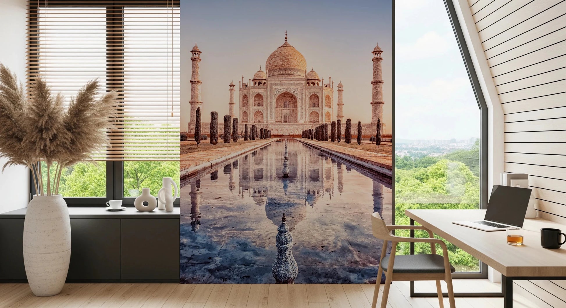 Eternal Taj wallpaper mural of the Taj Mahal at sunrise in a home office with a wood desk and laptop