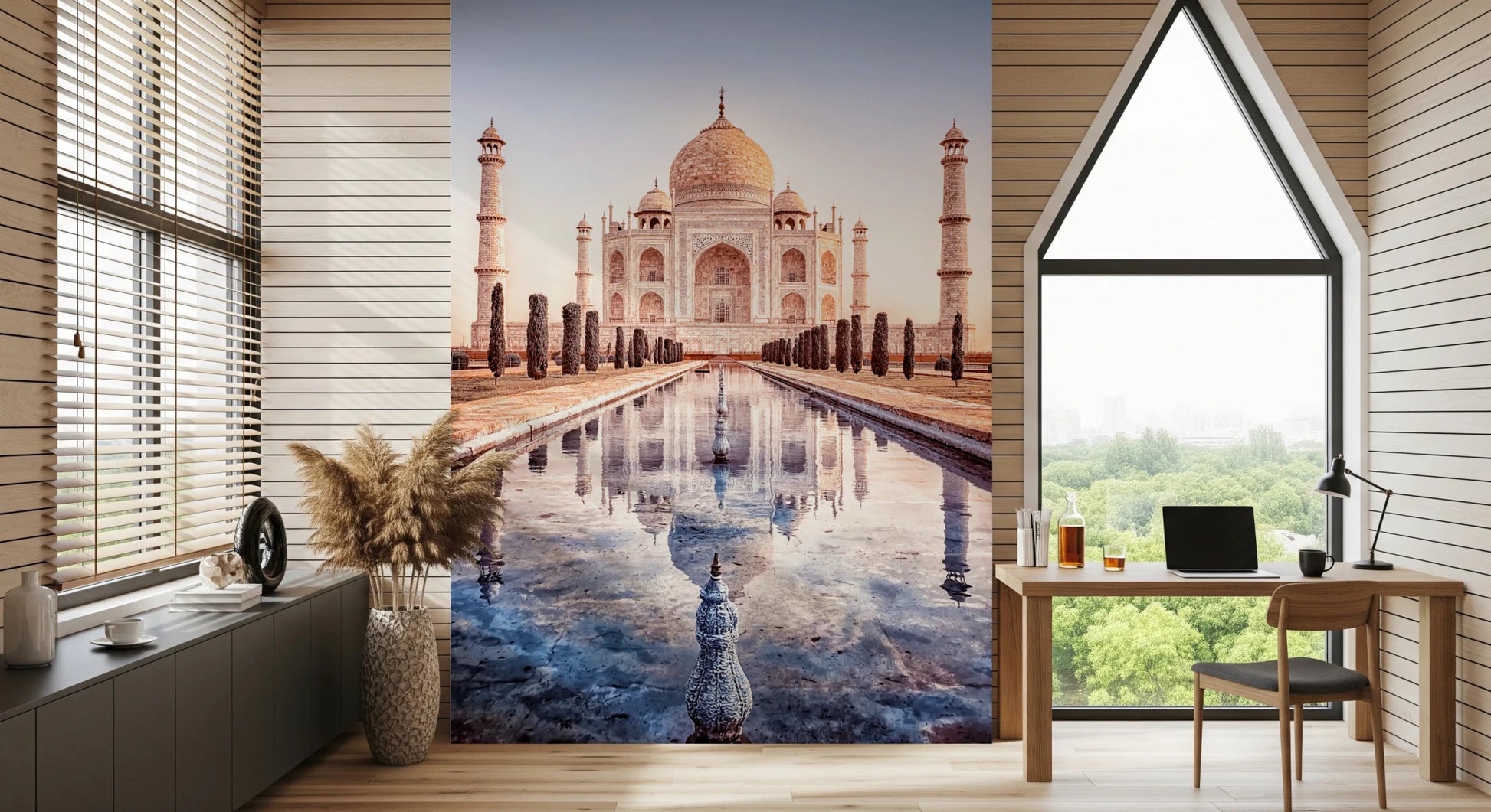 Eternal Taj wallpaper mural of the golden Taj Mahal in a wood-clad office with a desk and triangular window