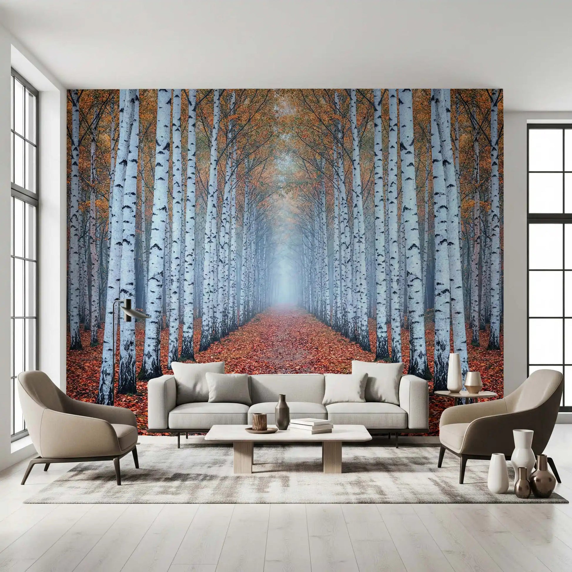 Bedroom autumn birch wall mural with misty pathway